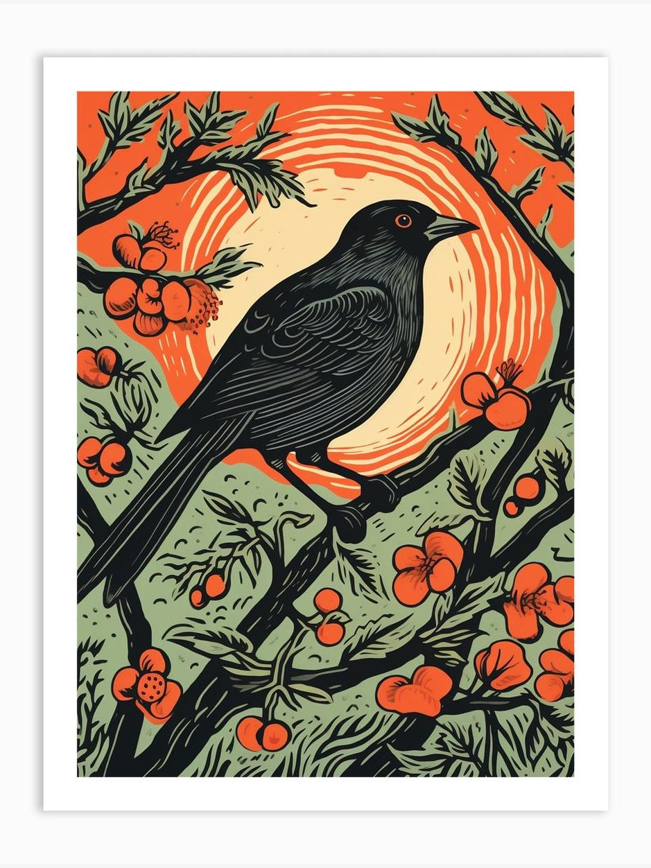 Vintage Bird Linocut Cowbird 4