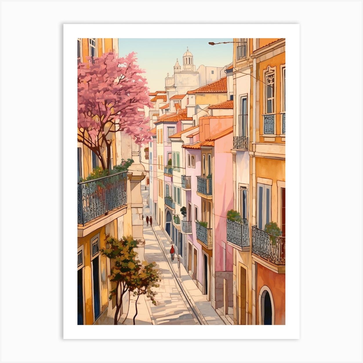 Lisbon Portugal 2 Vintage Pink Travel Illustration