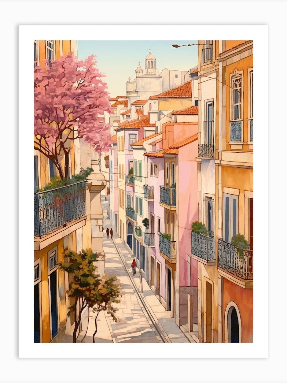 Lisbon Portugal 2 Vintage Pink Travel Illustration