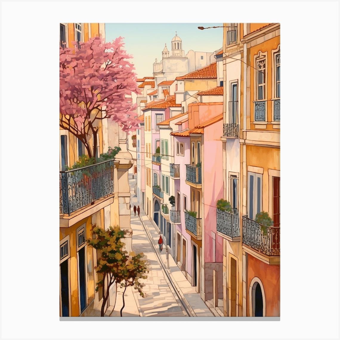 Lisbon Portugal 2 Vintage Pink Travel Illustration