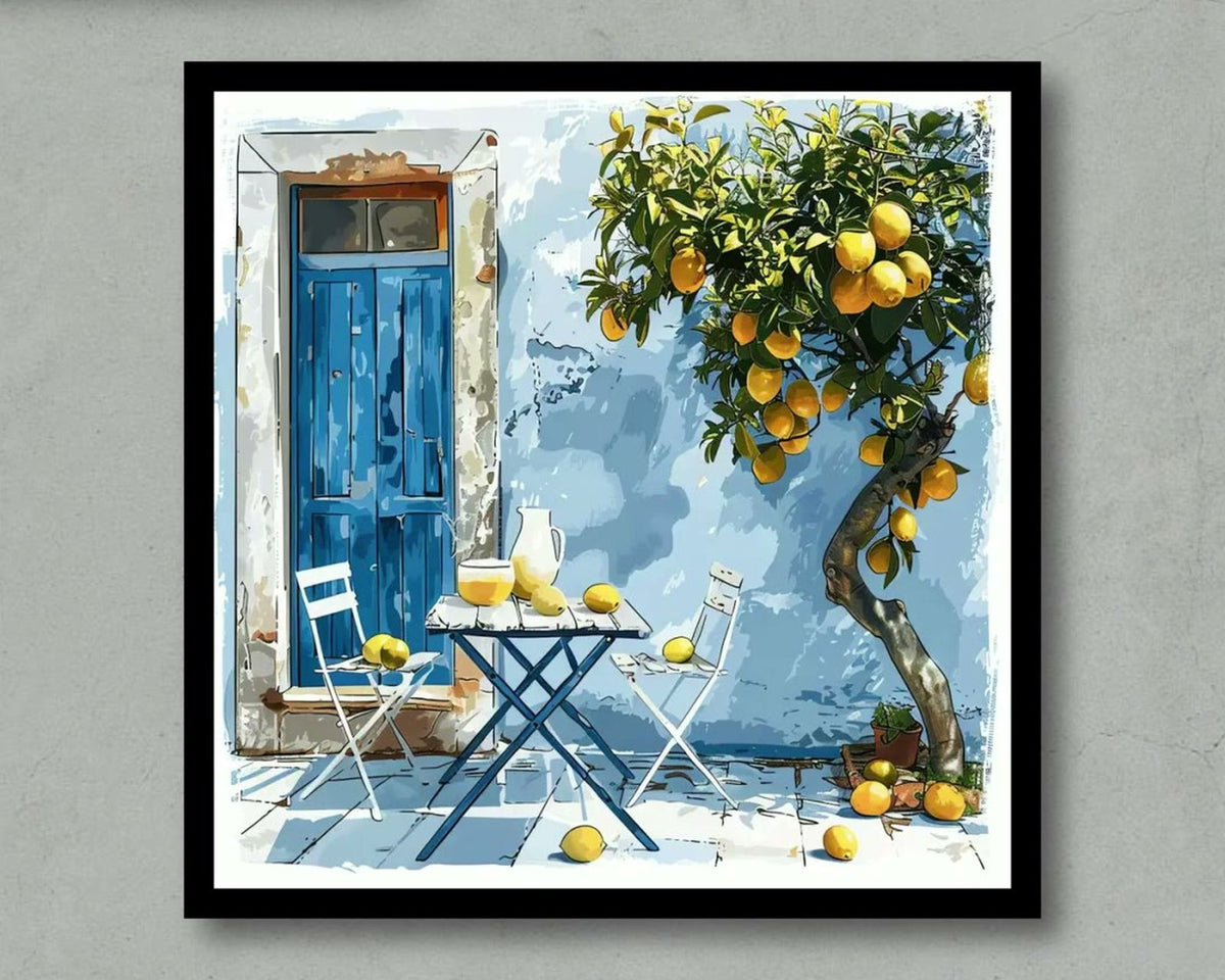 Framed print of a Mediterranean cafe with lemon tree on a grey wall