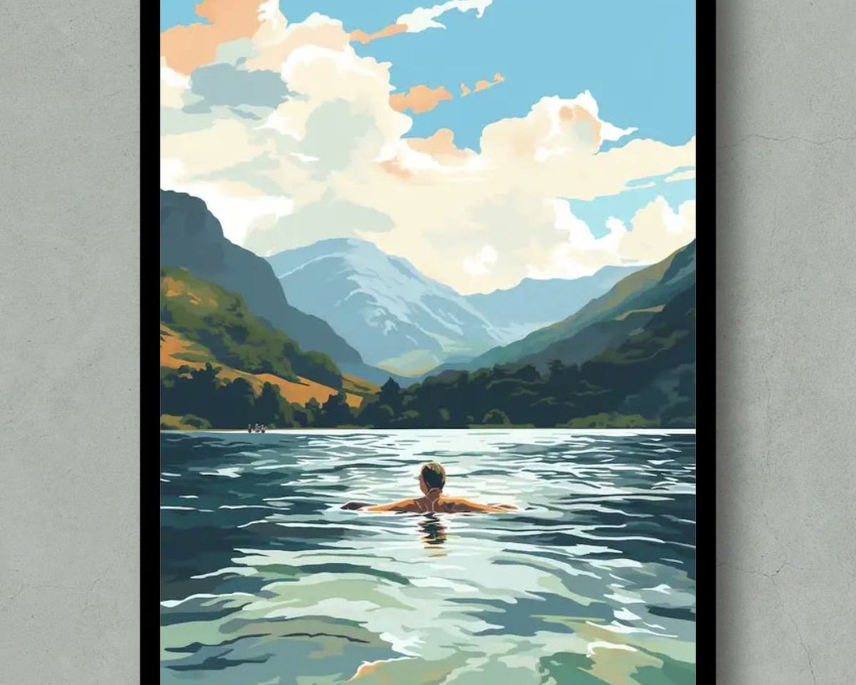 Framed print of a swimmer in a Lake District tarn on a grey wall