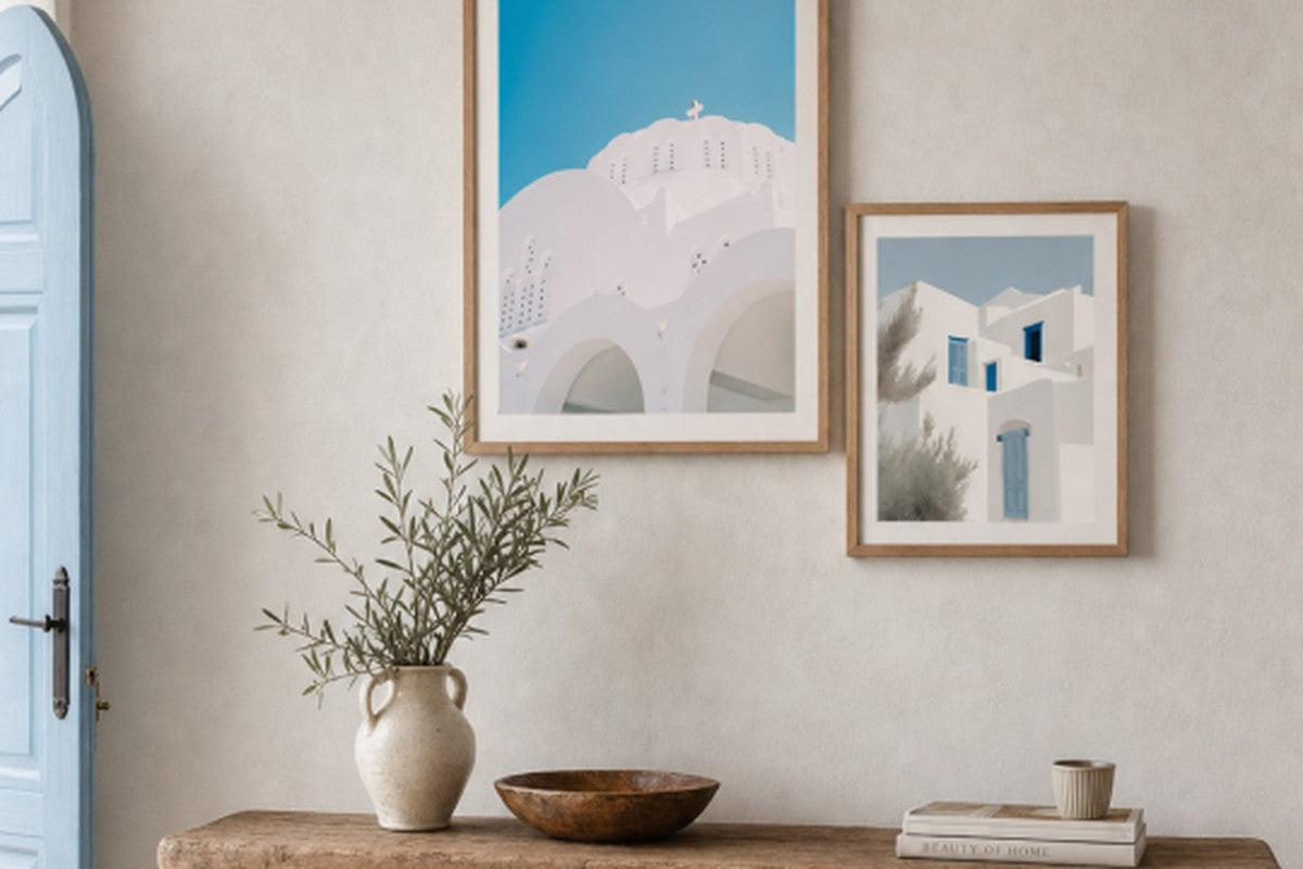 Hallway console with two Greek island architecture prints above it