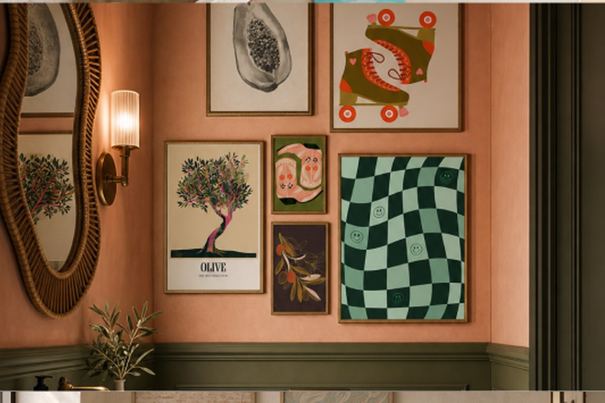 Terracotta bathroom gallery wall with an olive tree print and green checkerboard
