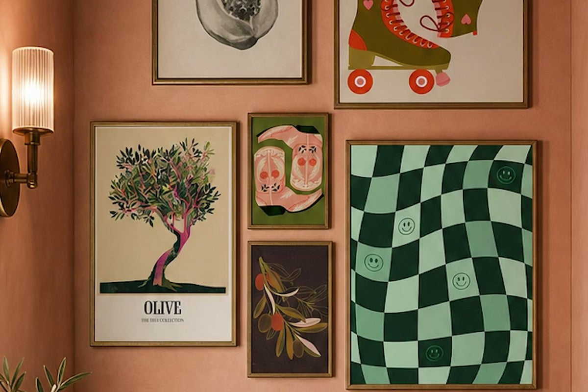 Terracotta bathroom gallery wall with an olive tree print and green checkerboard