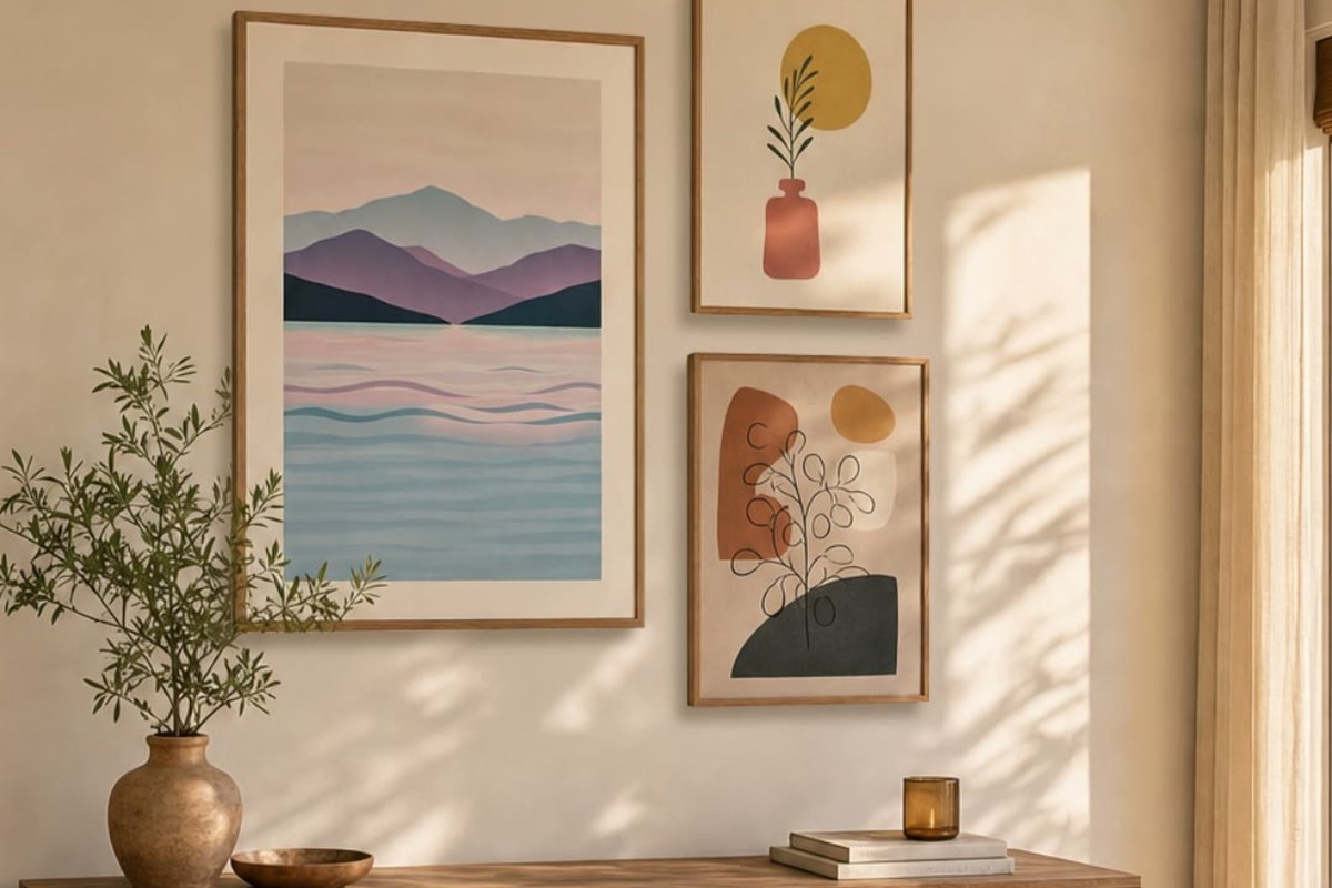 Sideboard with a pastel mountain landscape and two abstract prints