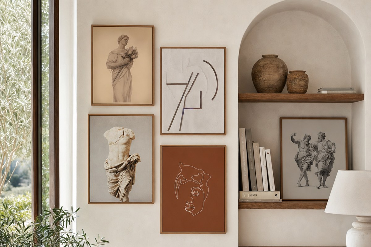 Study wall with classical sculpture prints and minimalist line art