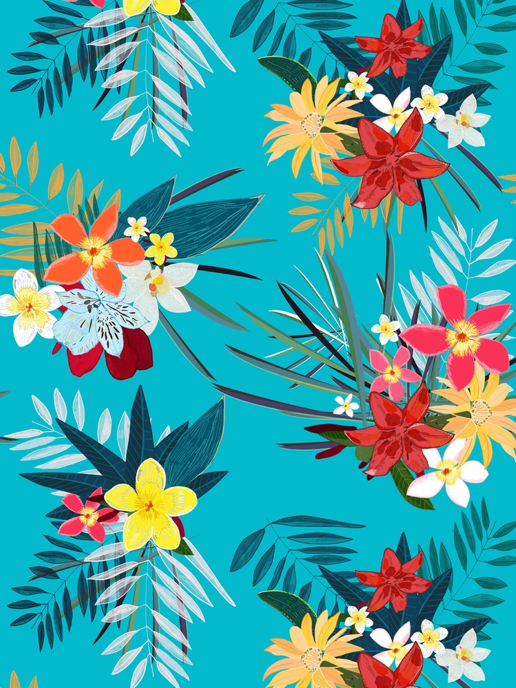 Frangipani, Lily Palm Leaves Tropical Vibrant Colored Trendy Summer Pattern
