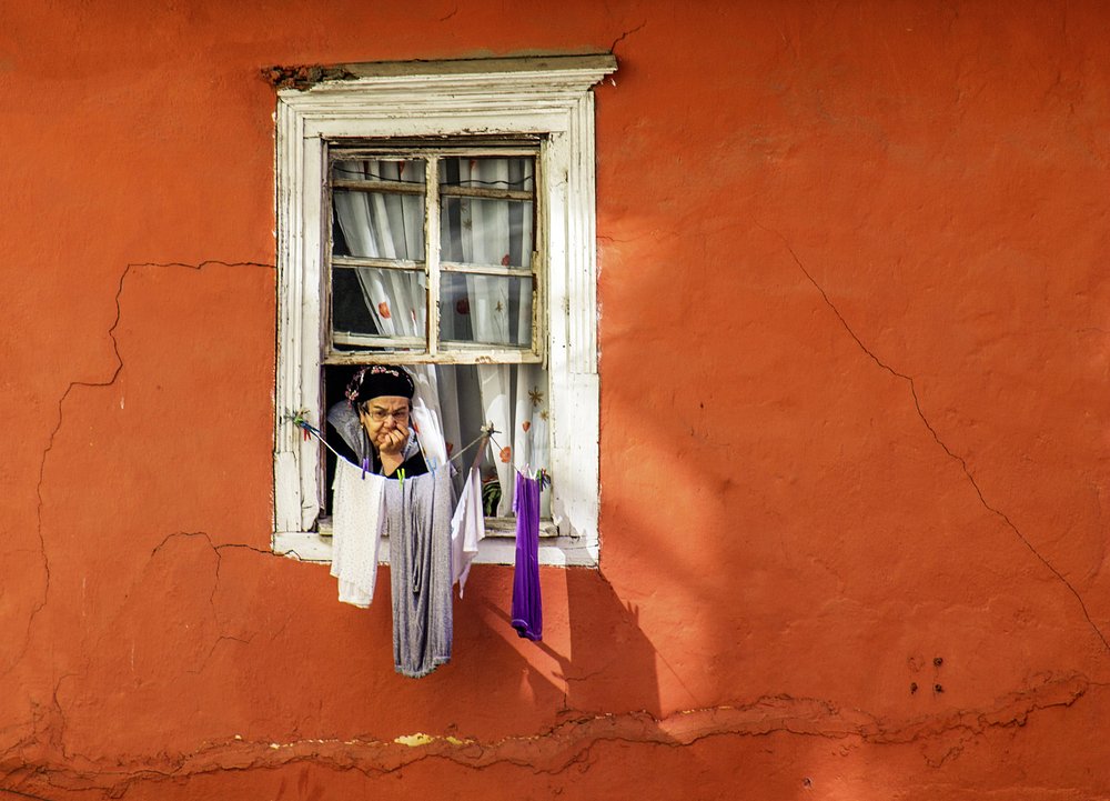 Woman In Red Wall Window