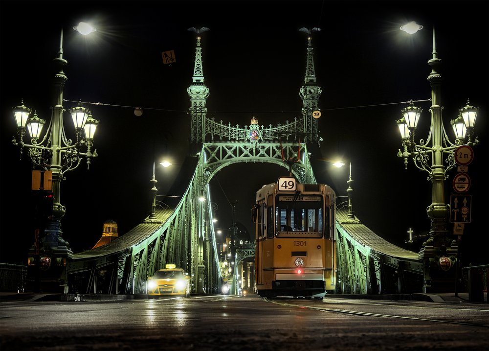 Yellow Tram Bridge Night
