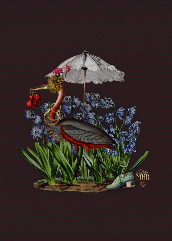 Whimsical Heron Among Bluebells