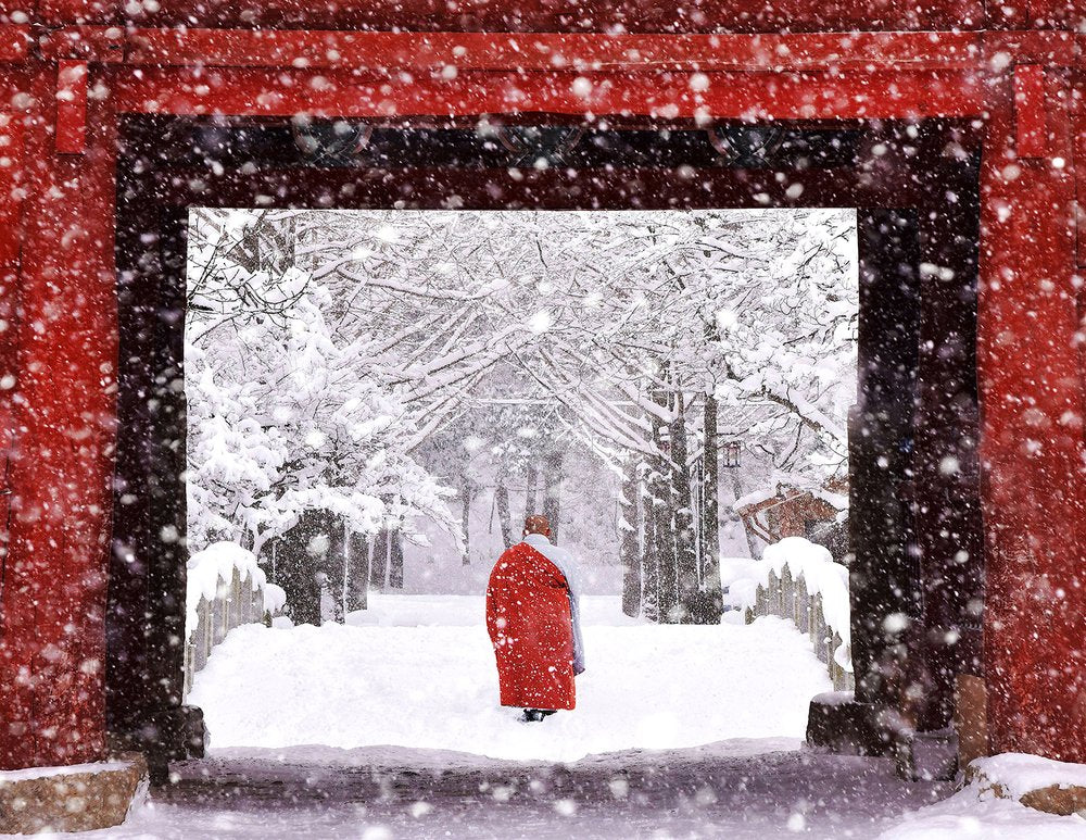 Red Robe Snowy Temple Path