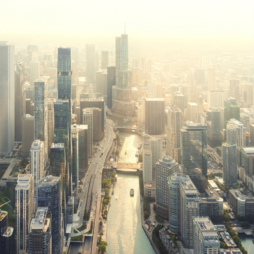Hazy Chicago River Skyline