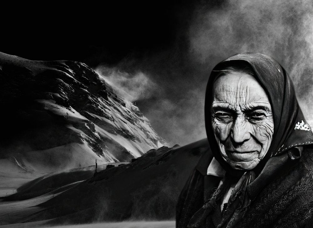 Stoic Woman Snowy Peaks