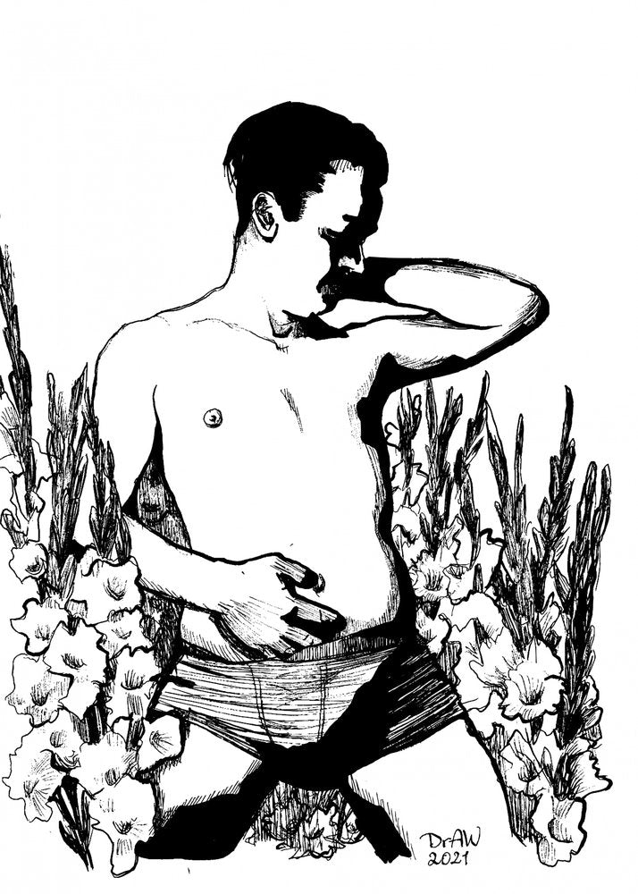 Contemplative Man With Flowers