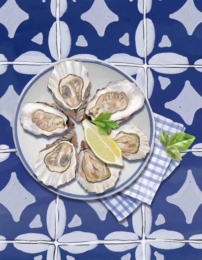 Fresh Oysters on Blue Tiles