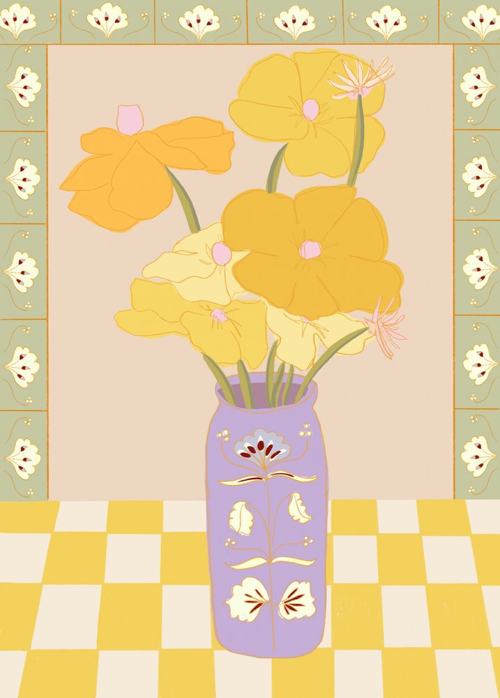 Yellow Blooms Purple Vase
