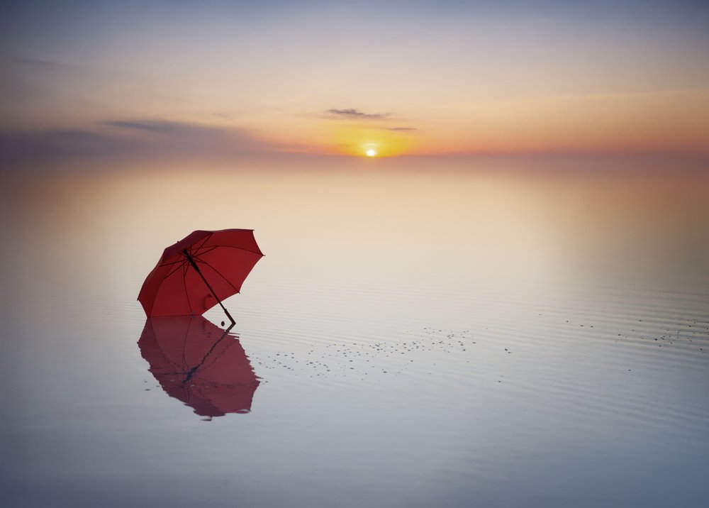 Red Umbrella Sunset Reflection