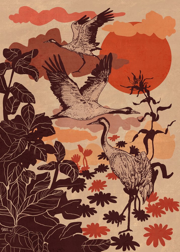 Flying Cranes Tropical Sunset