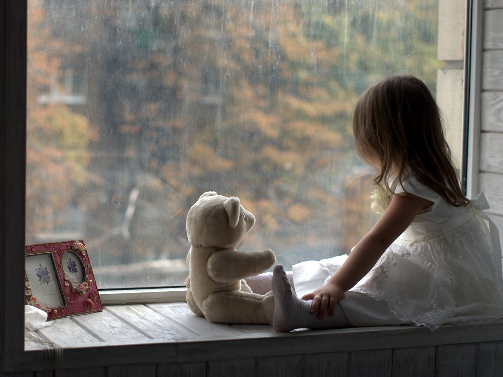Girl and Bear Autumn Window