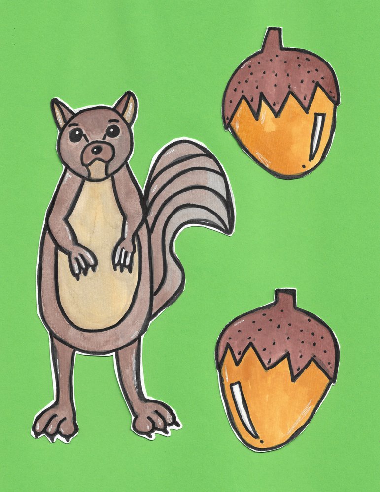 Playful Squirrel and Acorns