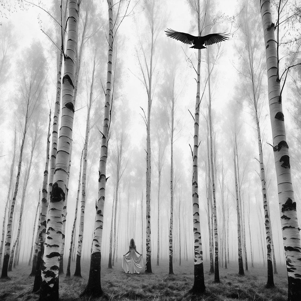 Woman Raven Misty Forest