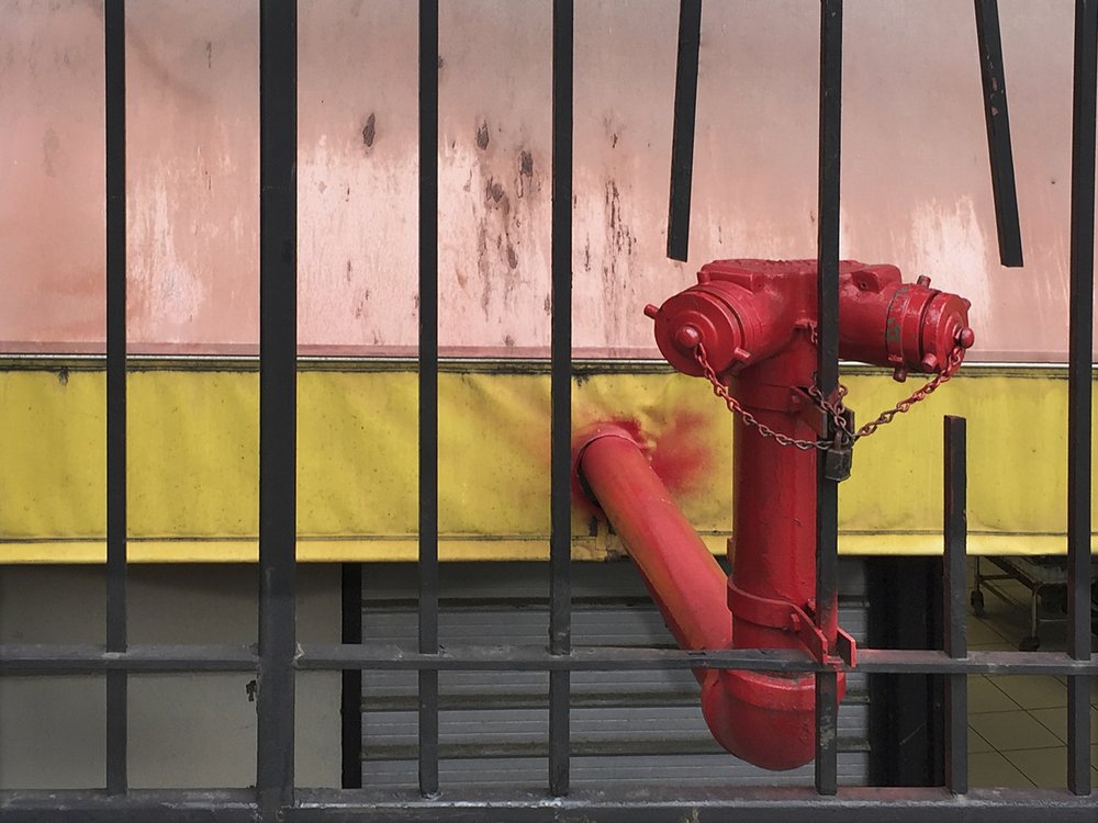 Red Hydrant Behind Bars
