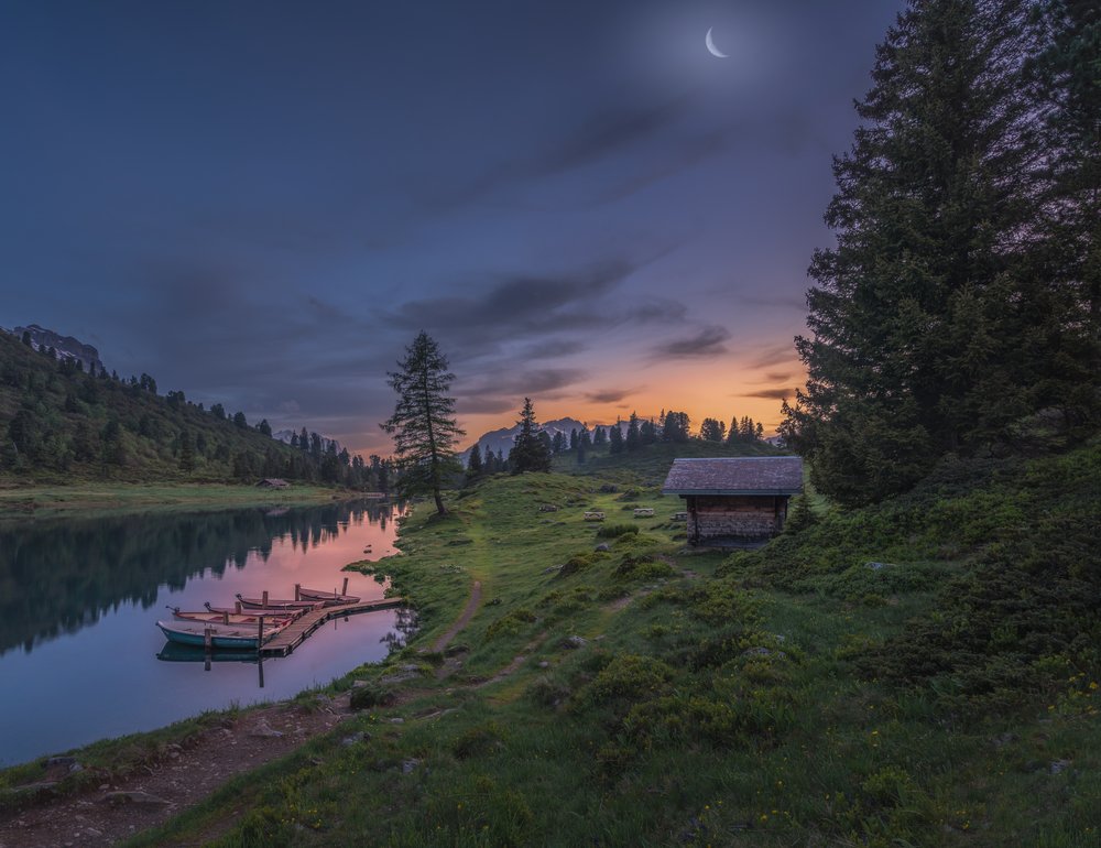 Alpine Lake Twilight Boats
