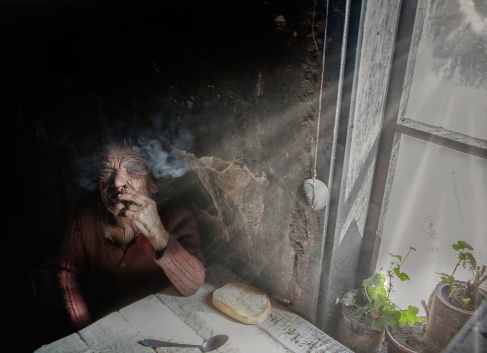Elderly Woman Sunlight Smoke