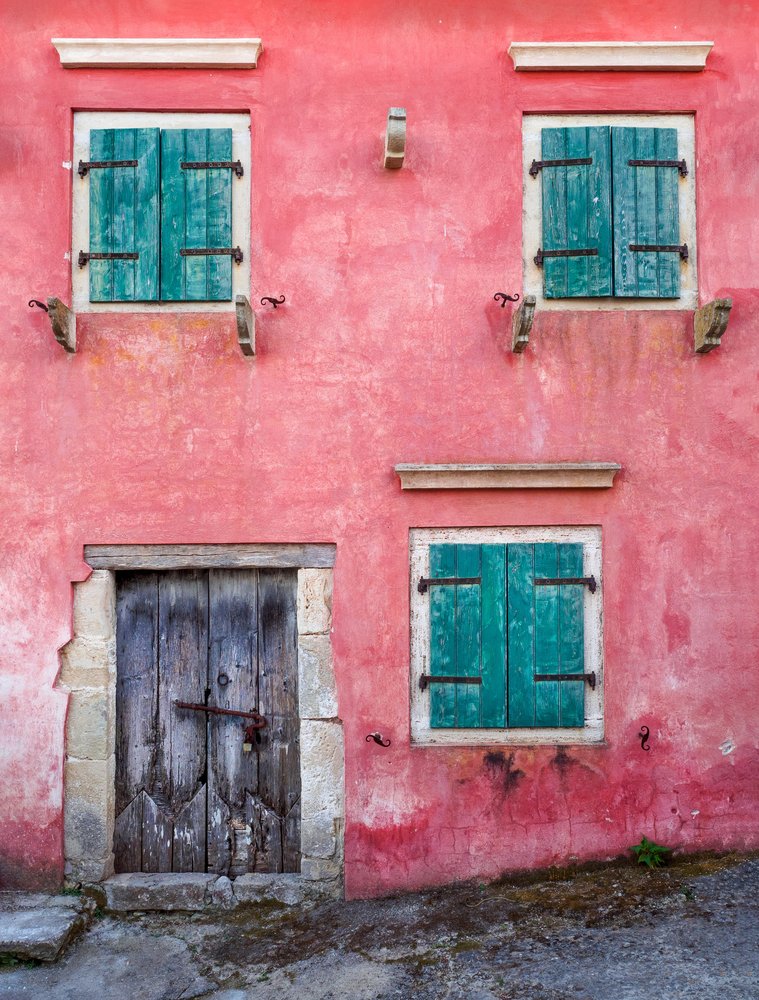 Pink Wall Teal Shutters