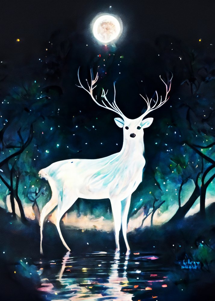 White Deer Moonlit Forest