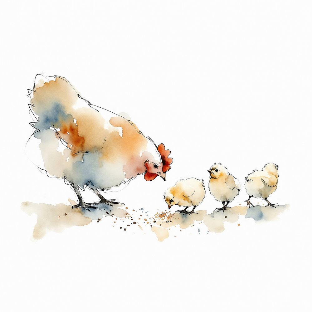 Watercolor Hen And Chicks