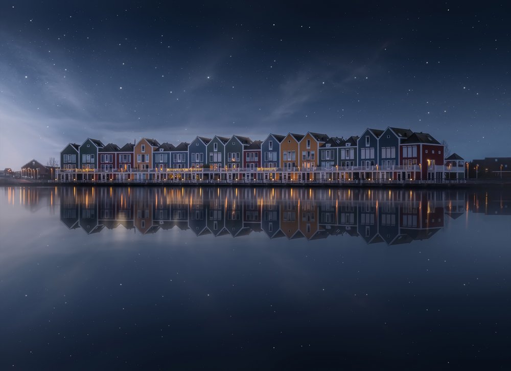 Colorful Houses Night Reflections