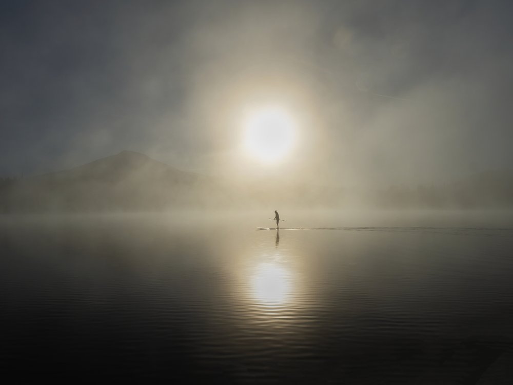 Misty Lake Paddle Boarder