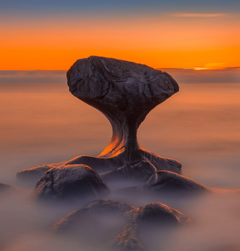Misty Ocean Rock Sunset
