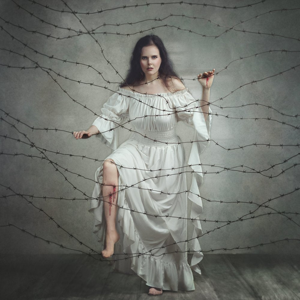 Woman Barbed Wire Struggle