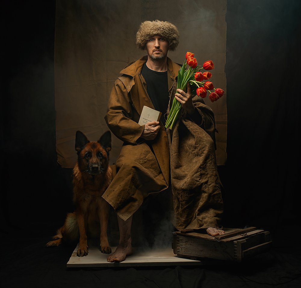 Man With Dog And Tulips