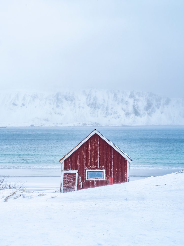 Red Cabin Winter Beach