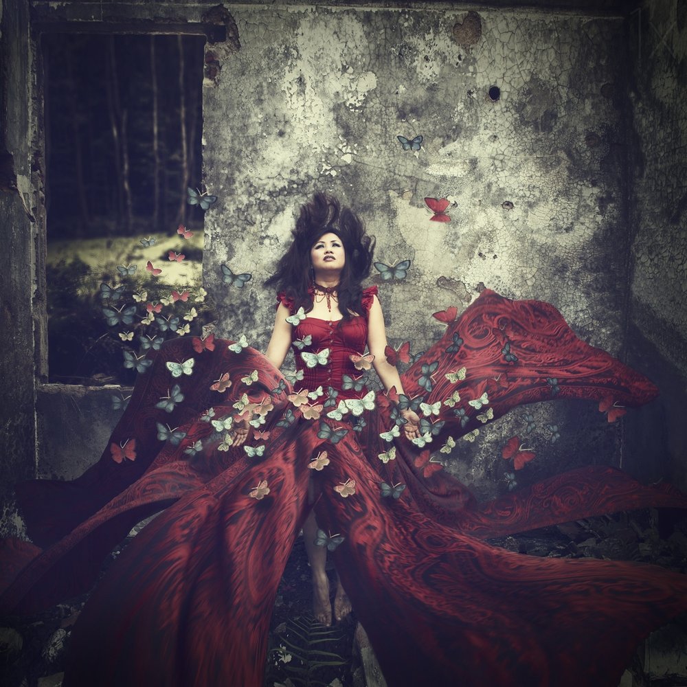 Ethereal Red Dress Butterflies