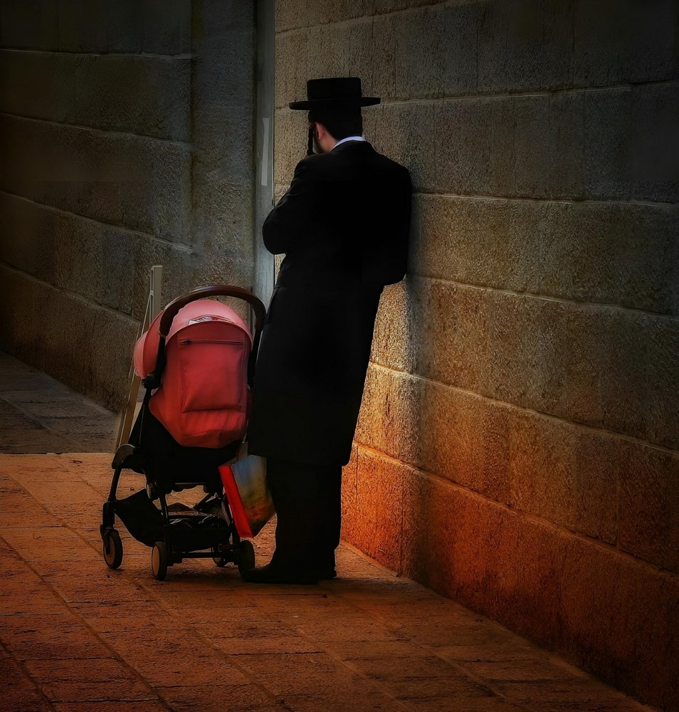 Hasidic Man Pink Stroller