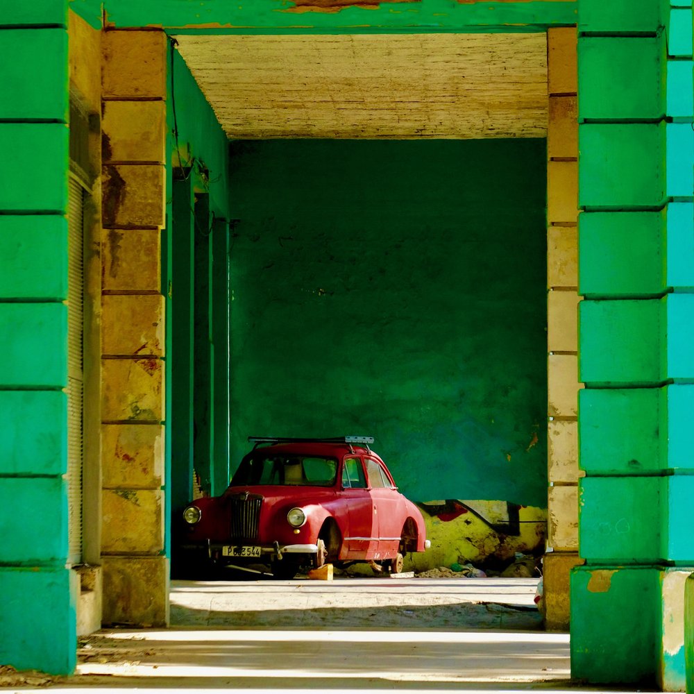 Vintage Red Car Green Archway