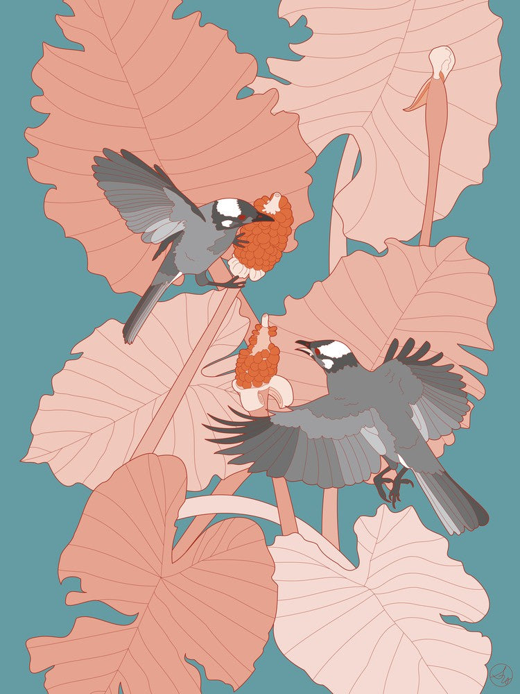 Grey Birds With Pink Leaves