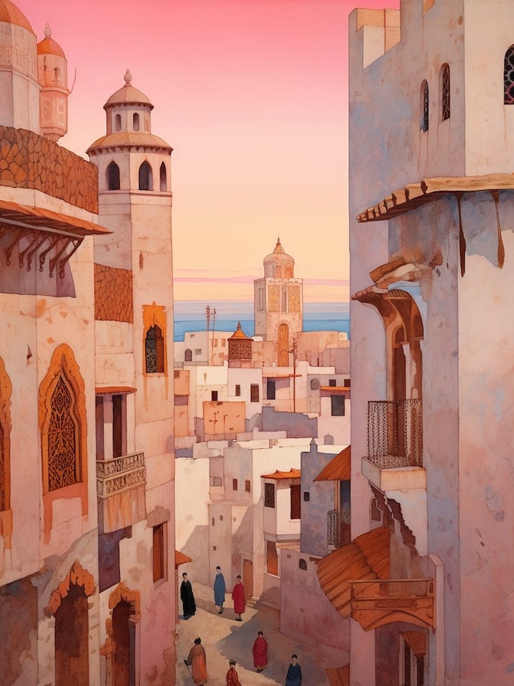 Tangier Morocco 4 Vintage Rosa Reiseillustration