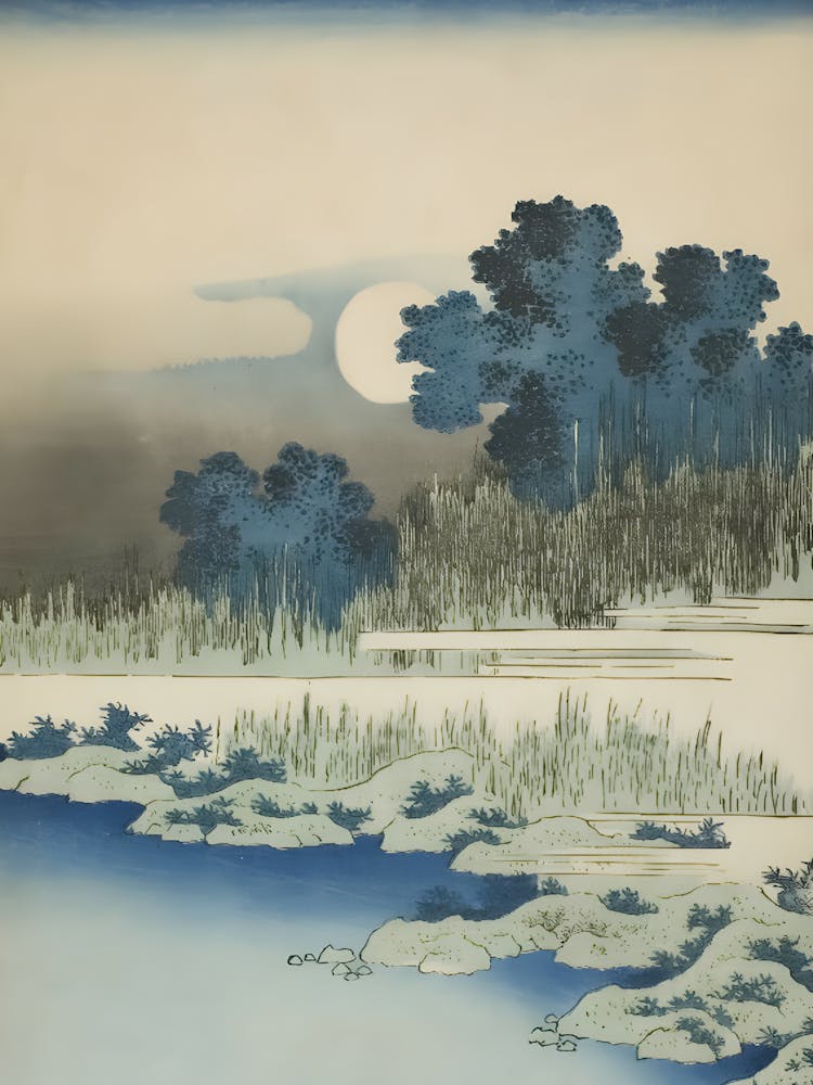 Berge de Rivière Éclairée par la Lune avec Saules en Silhouette