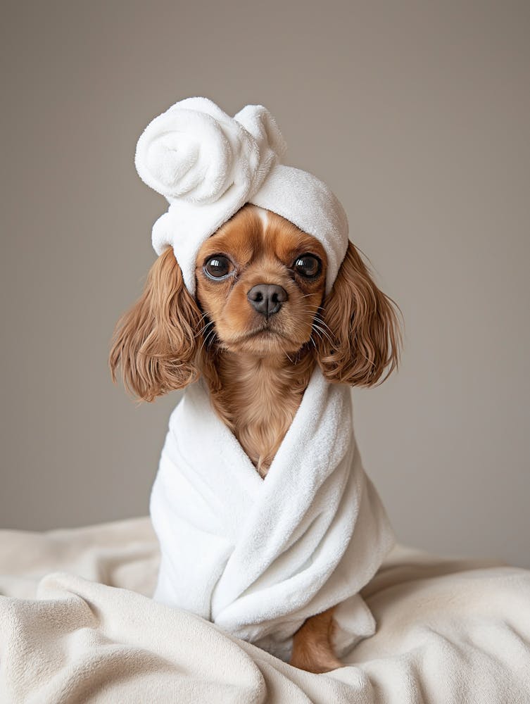 Cocker Spaniel In Robe In Bathroom