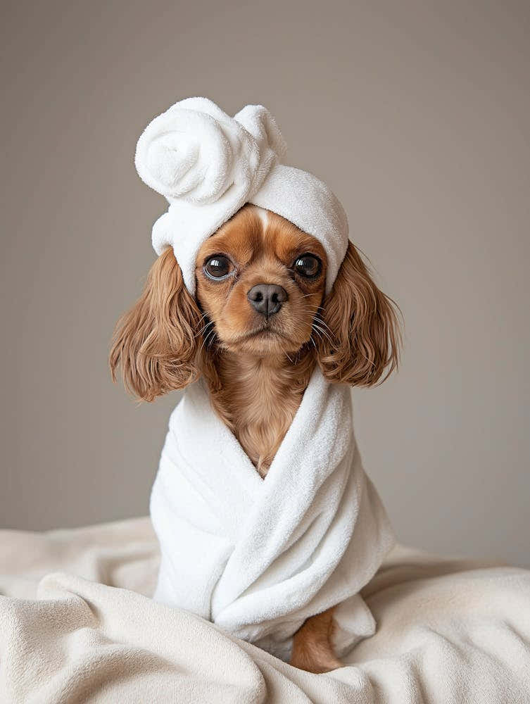Cocker Spaniel In Robe In Bathroom