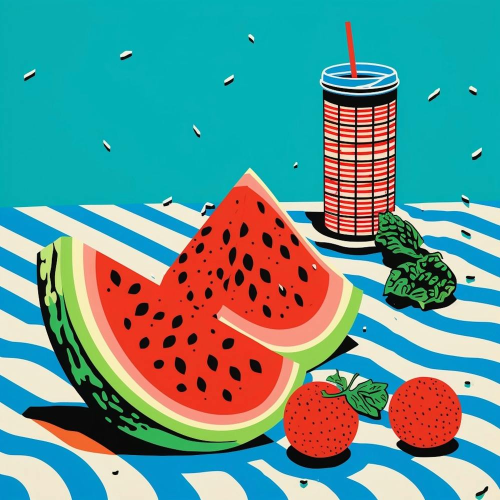 Watermelon Wavy Blue Lines