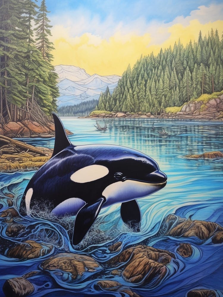 Realistische Orca-Wal Illustration im Märchenbuch-Stil 3