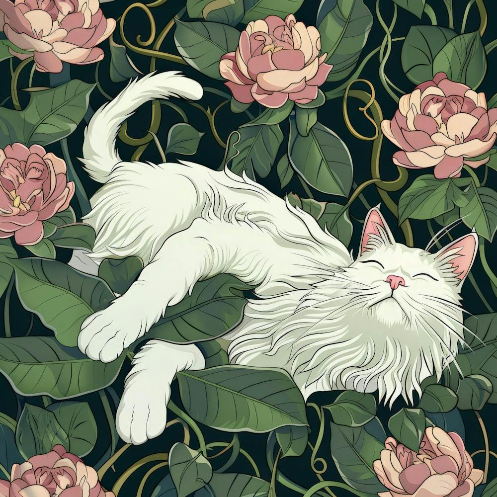 Weiße Katze mit Pinken Rosen