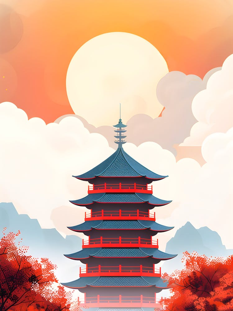 Japanese Pagoda Wall Art Serene Sunset Landscape With Red Temple & Autumn Foliage